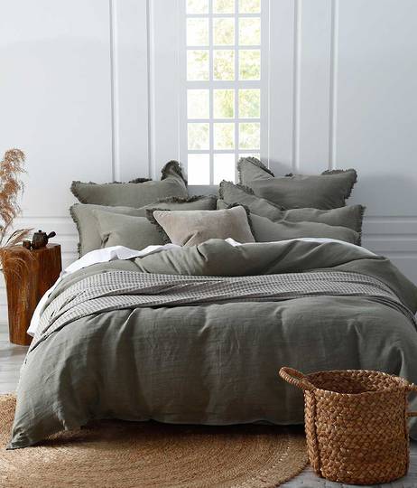 MM Linen - Laundered Linen Duvet Cover Set -  (Lodge and Tassel Pillowcases and Euros Sold Separately) - Olive